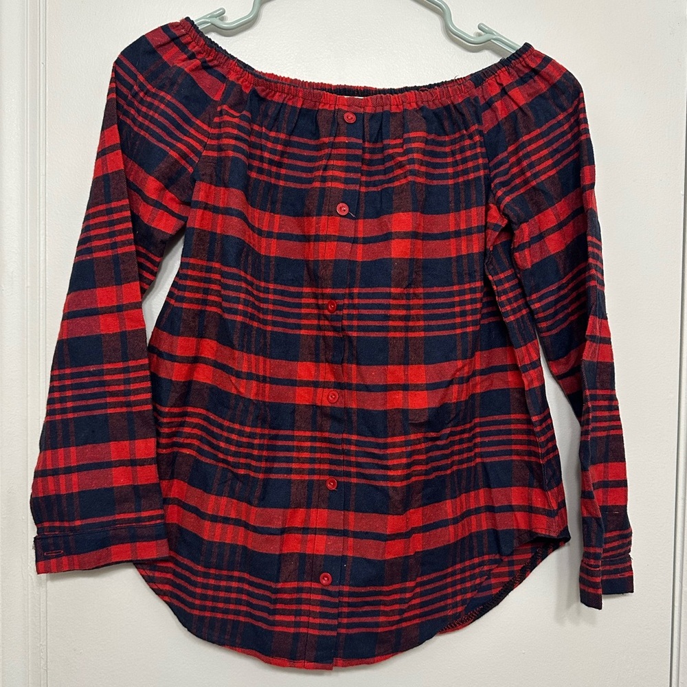 NWOT Red and Blue Plaid Off-Shoulder Top